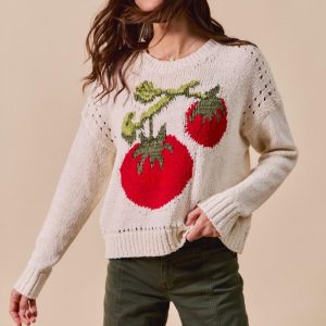 Women’s Knit Tomato Sweater: Cream Round Neck Graphic