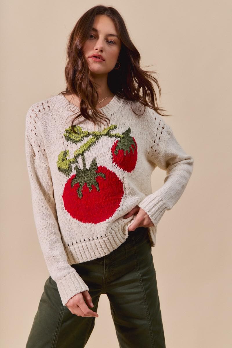 Women’s Knit Tomato Sweater: Cream Round Neck Graphic