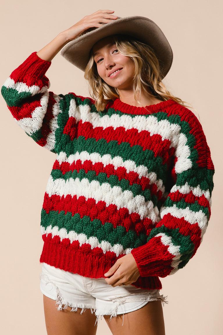 Chunky Knit Christmas Sweater Red Green White Striped