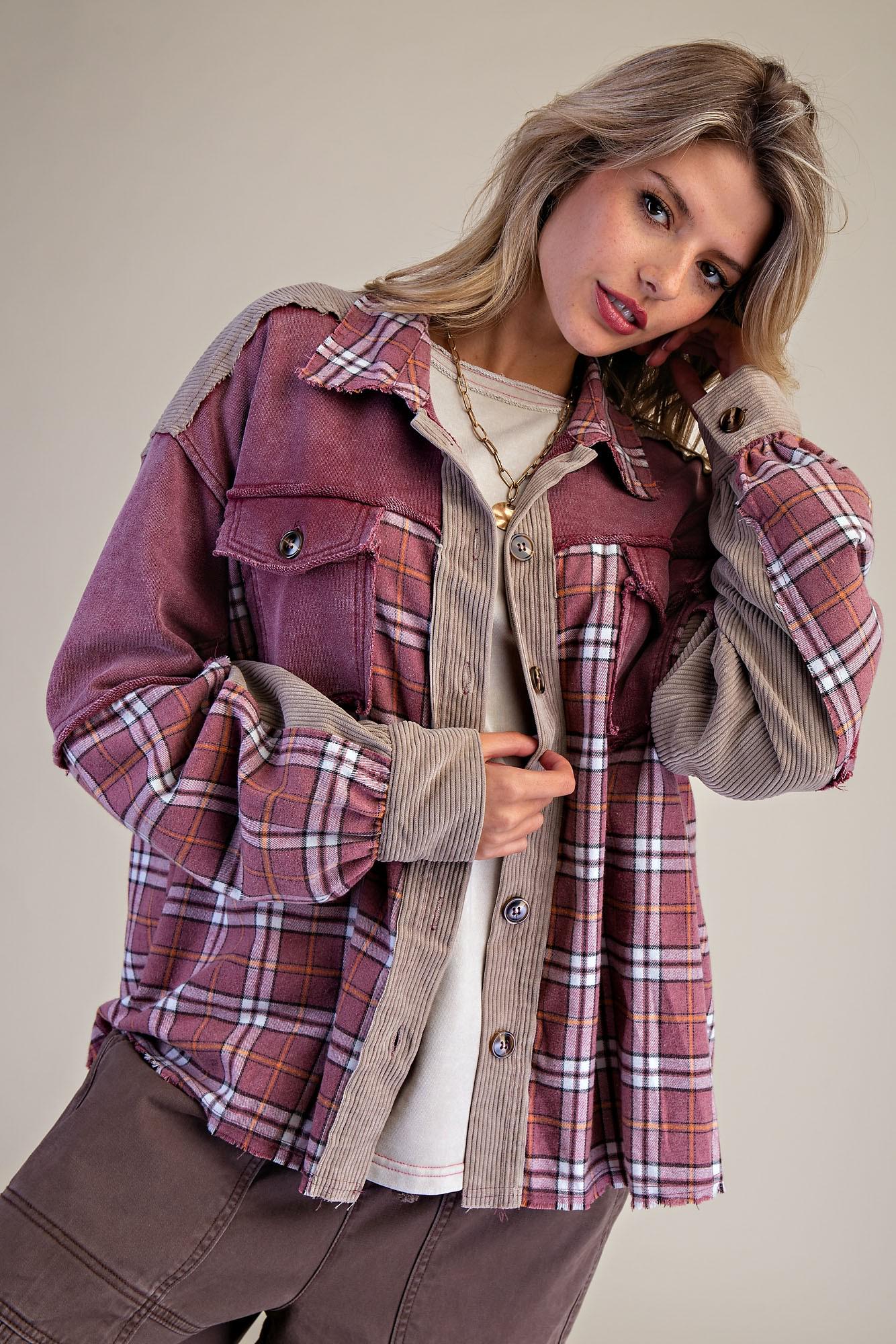 Plaid Corduroy Shacket: Women’s Burgundy Mineral Wash Jacket