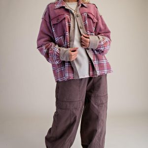 Plaid Corduroy Shacket: Women’s Burgundy Mineral Wash Jacket