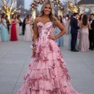 Pink Floral Corset Gown Tiered Ruffle Strapless Prom