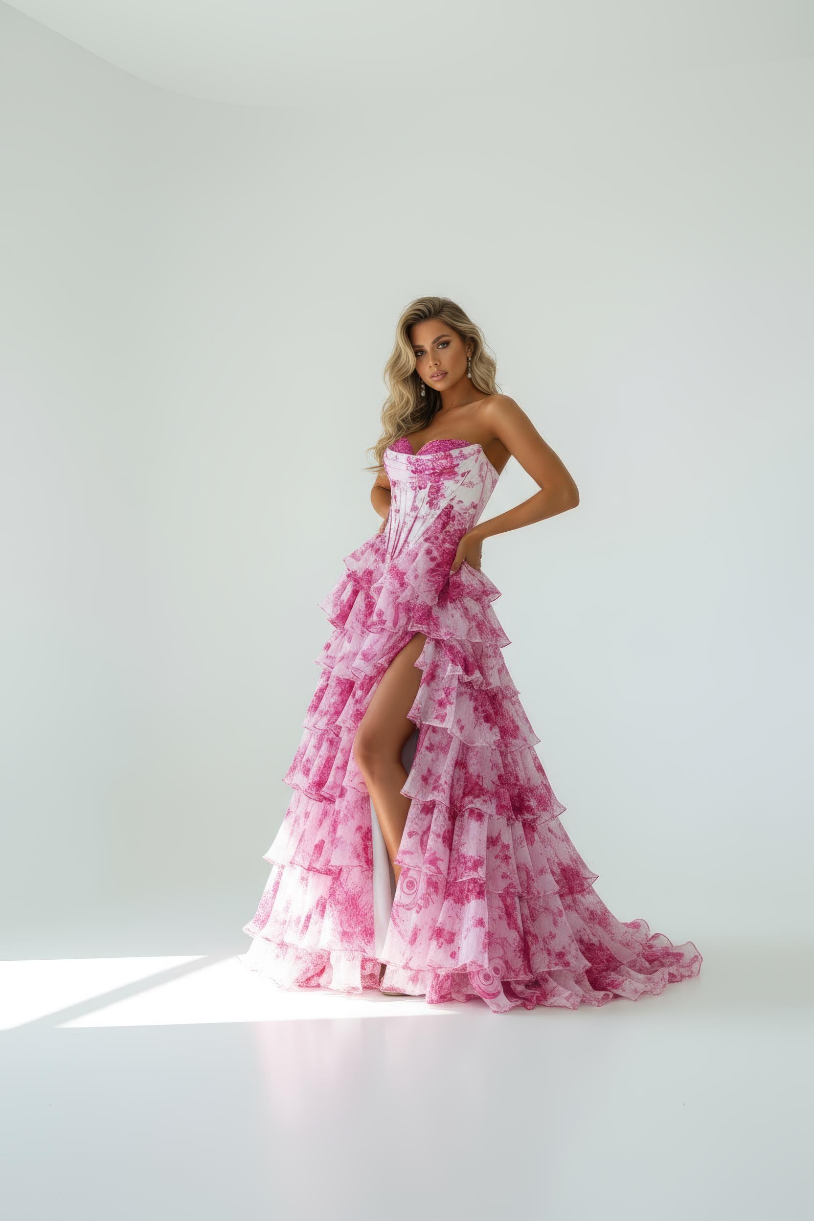 Pink Floral Corset Gown Tiered Ruffle Strapless Prom