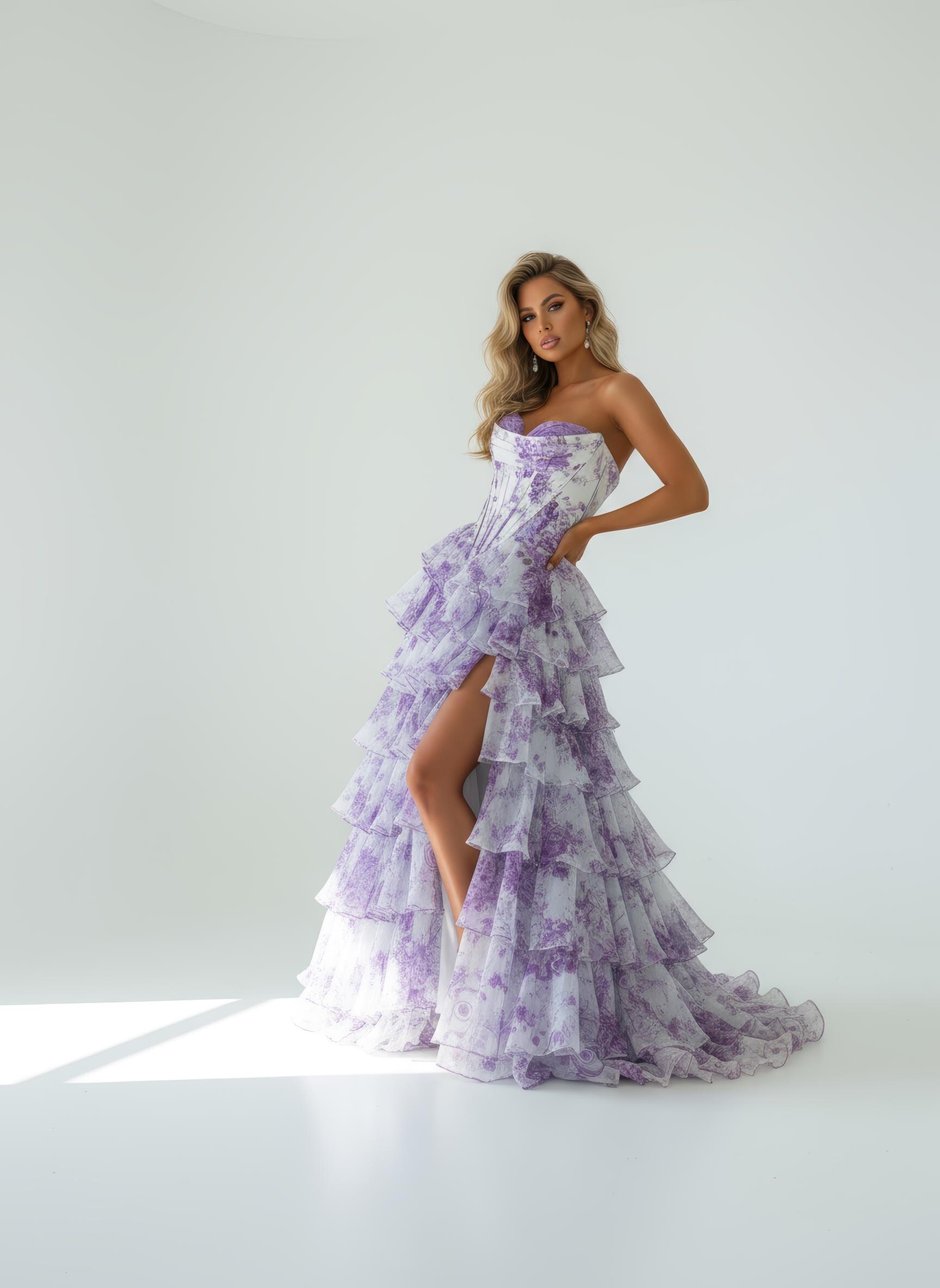 Lilac Floral Corset Gown Romantic Tiered Prom Dress