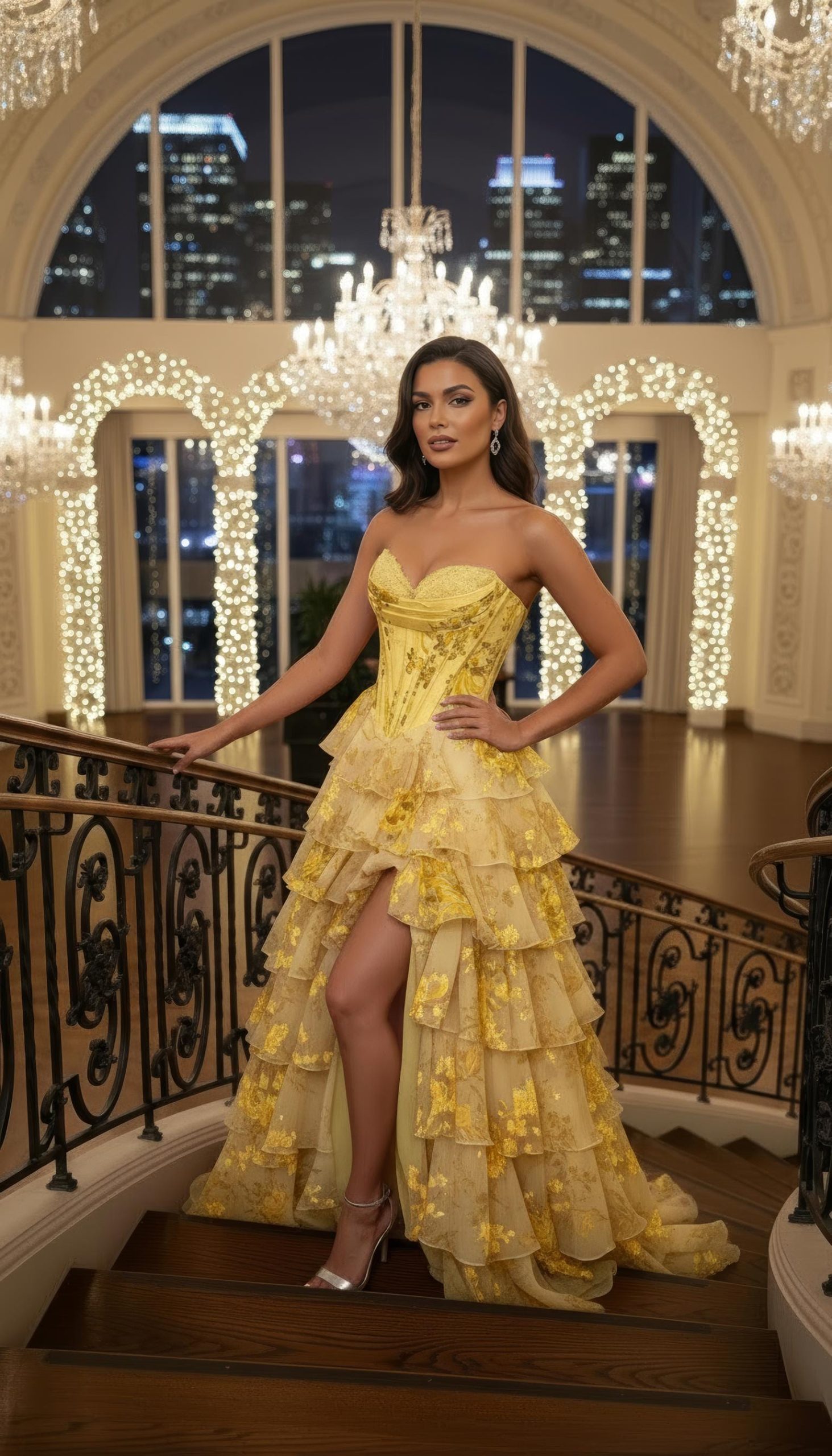 Yellow Corset Highlow Gown Elegant Tiered Ruffle Ball