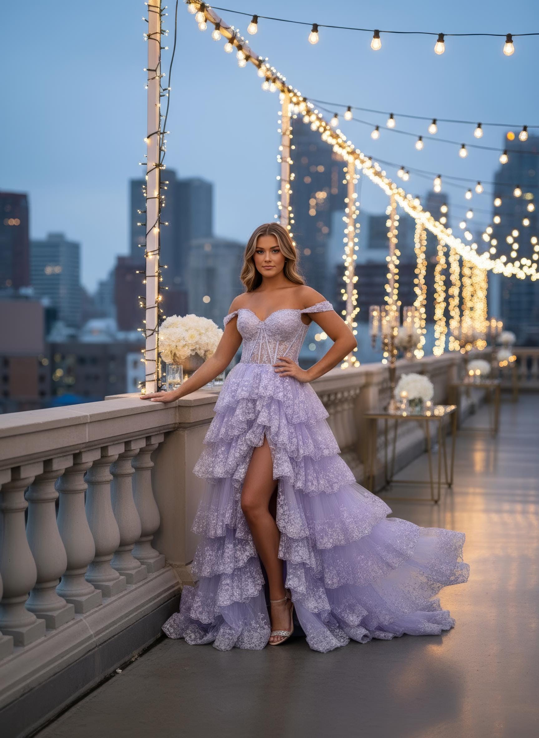 Offshoulder Corset Prom Dress Tiered Ruffle Gown Lilac